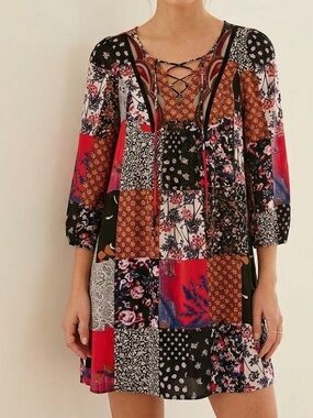 Anthropologie x One September Arcata Floral Patchwork Lace Up Mini Dress XS